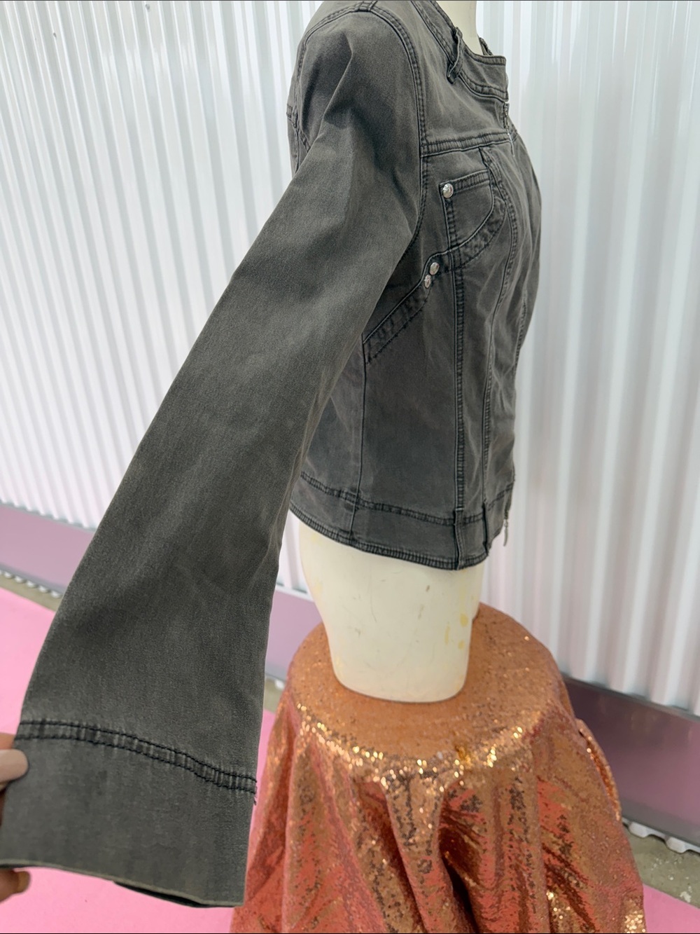 Women’s Grey Zip-Front Denim Jacket - Picture 8 of 11